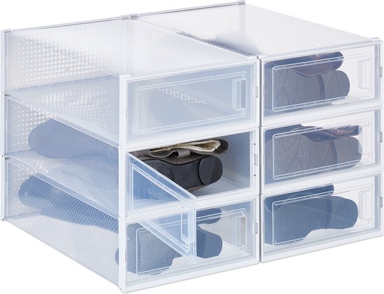 Relaxdays schoenenbox, set van 6, stapelbaar, tot maat 42, schoenen organizer met ventilatiegaatjes, doorzichtig