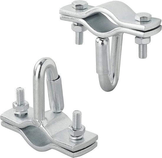 Twee zilverkleurige metalen trekhaakklemmen, één met rechte en één met gebogen haak.