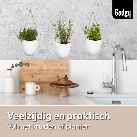 Gadgy Plantenhanger Keramiek - Set van 3 - Hangpot van Wit Steen - Hangende Bloempot Plantenpot - met 3 verschillende Koorden - 12x11x9.5CM