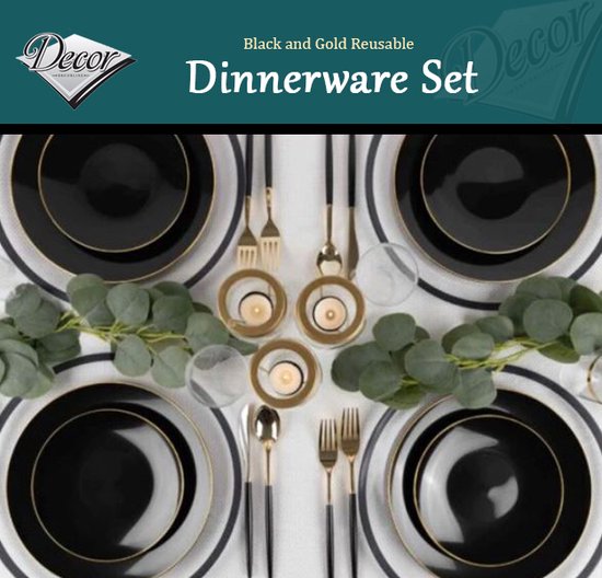 Decor Decorline - Premium herbruikbare kunststof partyserviesset - 32-delig - Pebbled Combo - wit/goud - stabiel, herbruikbare bordenset - 2 maten (16