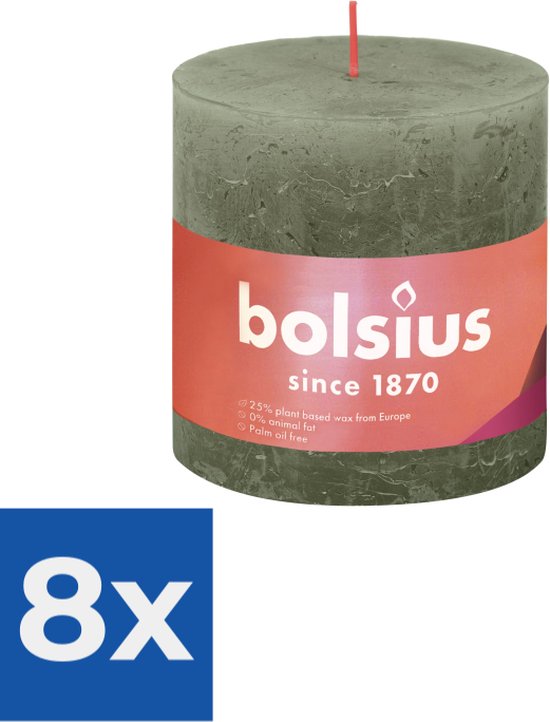 Bolsius Stompkaars Fresh Olive Ø100 mm - Hoogte 10 cm - Olijfgroen - 62 branduren - Voordeelverpakking 8 stuks
