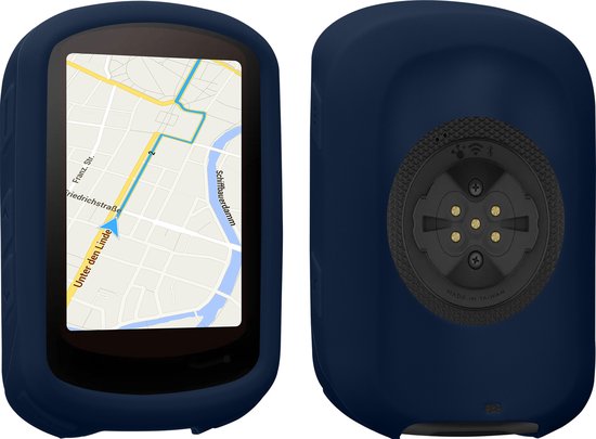 Donkerblauwe siliconen hoes voor fietscomputer, voor- en achterkant getoond. Achterkant met oplaadpoort.