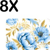BWK Luxe Placemat - Patroon van Blauwe Bloemen met Gouden Bladeren - Set van 8 Placemats - 40x30 cm - 2 mm dik Vinyl - Anti Slip - Afneembaar
