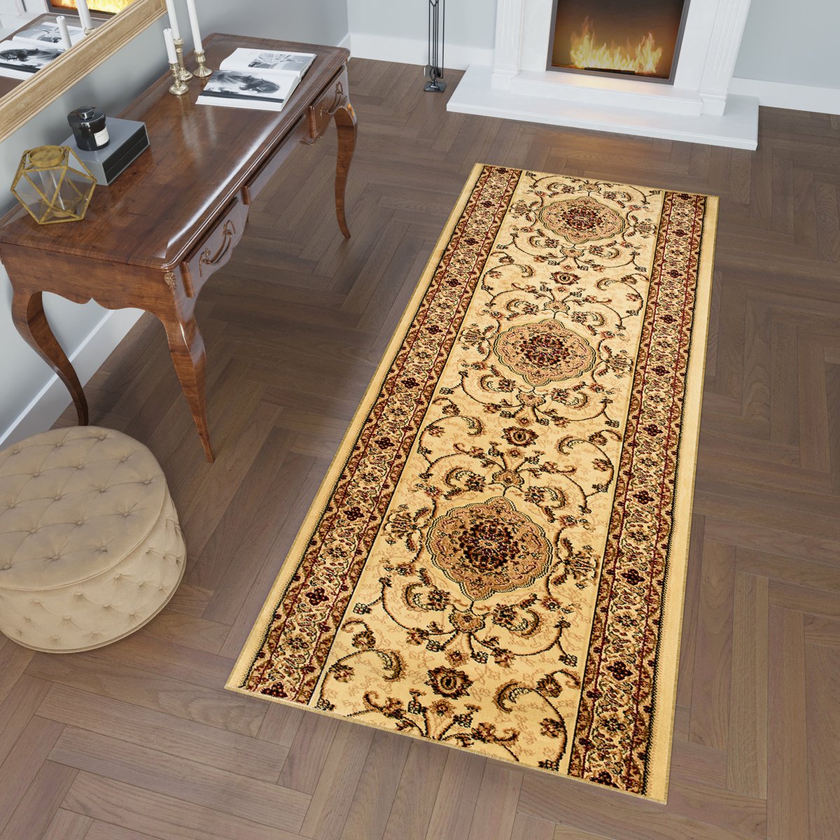 Tapiso Yesemek Tapijtloper Creme Klassiek Woonkamer Gang Vloerkleed Maat- 100x650