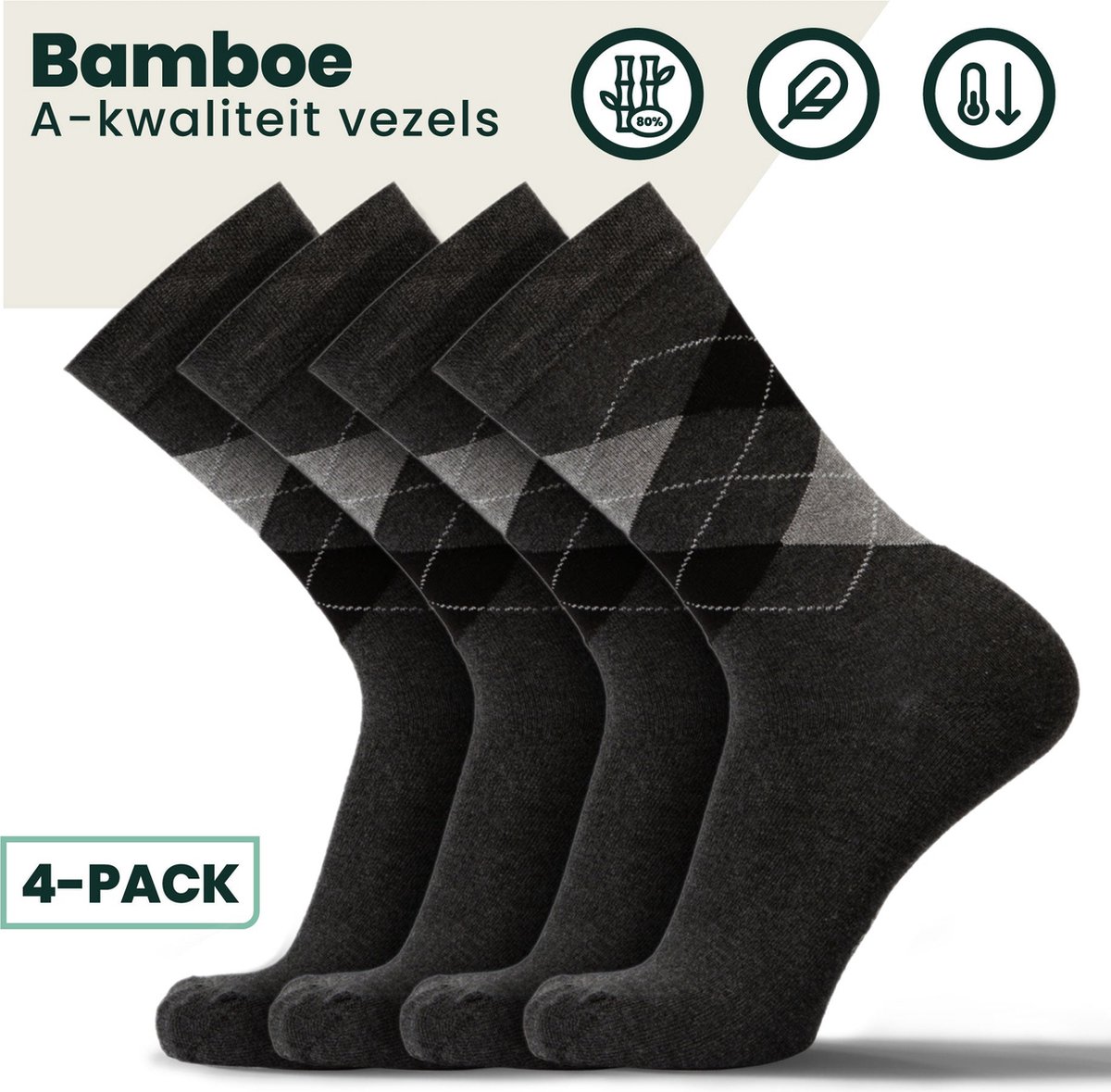 Bamboe Sokken | Geruite Sokken | Anti-zweet Sokken | Naadloze Sokken | Heren Sokken | Dames Sokken | 4 Paar - Antraciet | Maat: 39-42 | Merk: Bamboosa