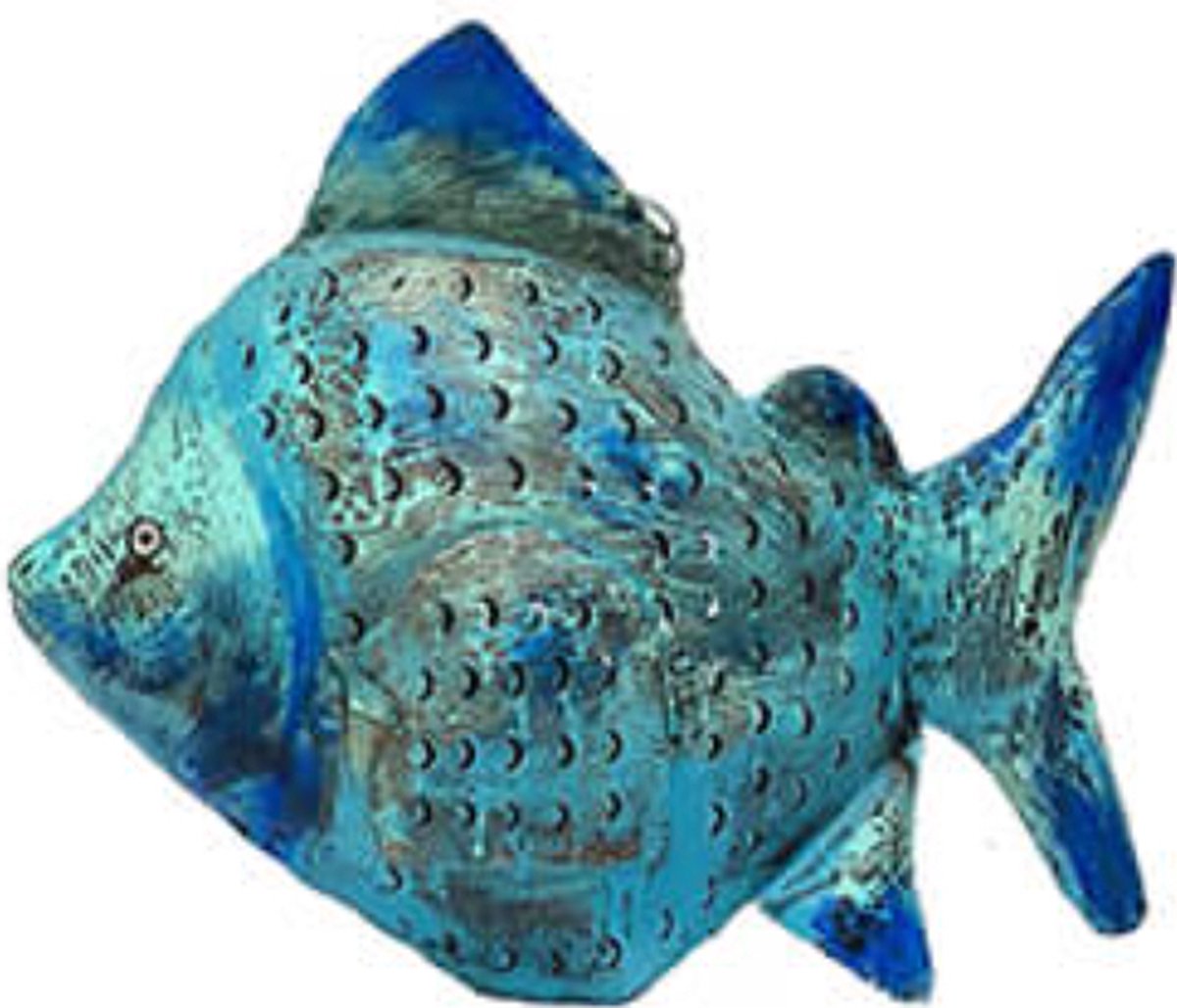 Windlicht gerecyled metaal ijzeren vis blauw by Mooss 54 x 43 cm