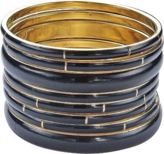 Behave Armbanden - set van 2 brede bangles en 6 smallere bangles - zwart - goud kleur - 21.5cm
