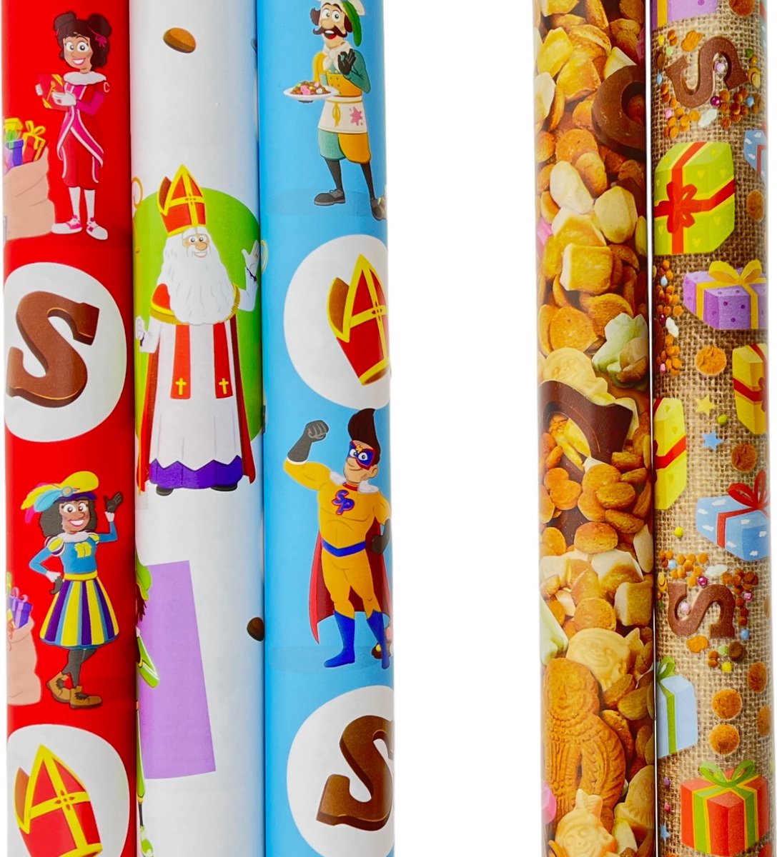 Sinterklaas cadeaupapier - Inpakpapier pakket 5 rollen & naametiketten