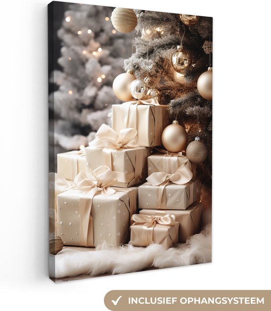 Canvas schilderij 90x140 cm - Kerstboom goud - Kerst decoratie - Kamer accessoires - Schilderijen woonkamer - Wanddecoratie slaapkamer - Muurdecoratie keuken - Wanddoek interieur binnen - Woondecoratie huis