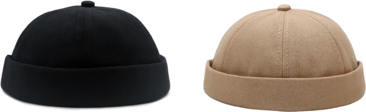 ASTRADAVI Docker Beanie Caps - Katoenen Zeemansmuts - Retro Hip Hoeden voor Dames Heren - Uniseks Vissers Muts. 2-Set Zwart, Kaki (2 Stuks)