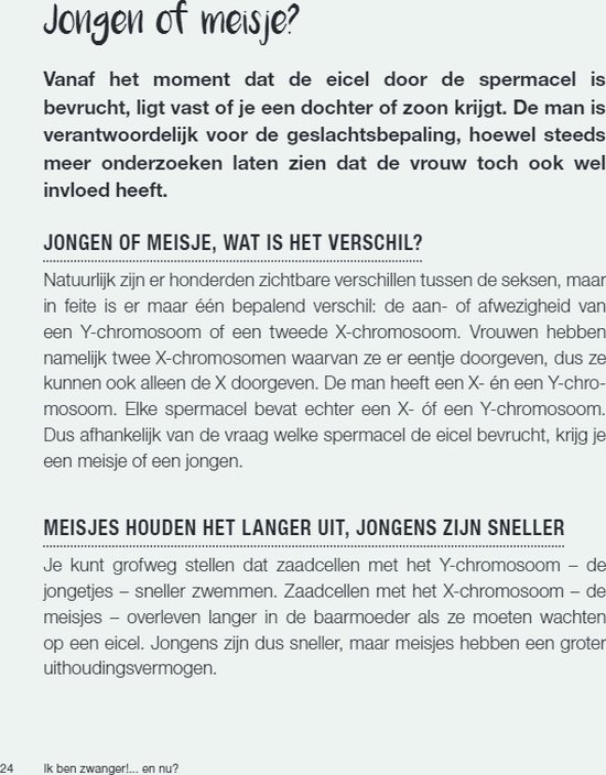 Boekpagina met tekst over de geslachtsbepaling van een baby, "Jongen of meisje?"