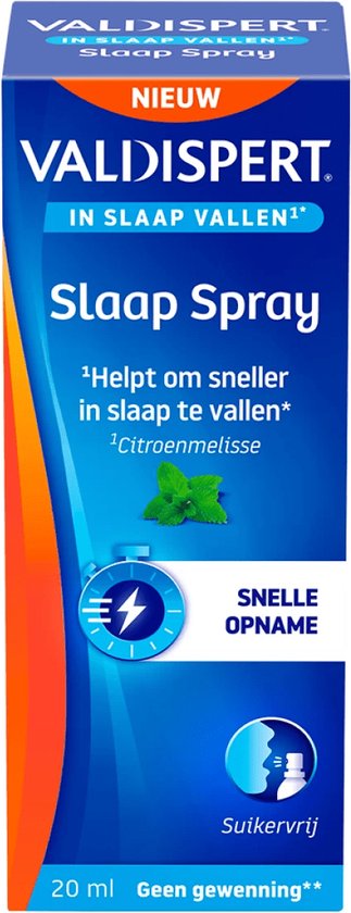 Valdispert Slaap Spray: blauwe doos met oranje accenten en flesje. 'Nieuw', 'Helpt om sneller in slaap te vallen'.