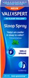 Valdispert Slaap Spray: blauwe doos met oranje accenten en flesje. 'Nieuw', 'Helpt om sneller in slaap te vallen'.