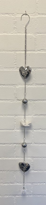 Deco hanger "hart + vogel" met metalen ketting - Zilveren ketting + witte vogel - lengte 105 cm - Woondecoratie - Woonaccessoires