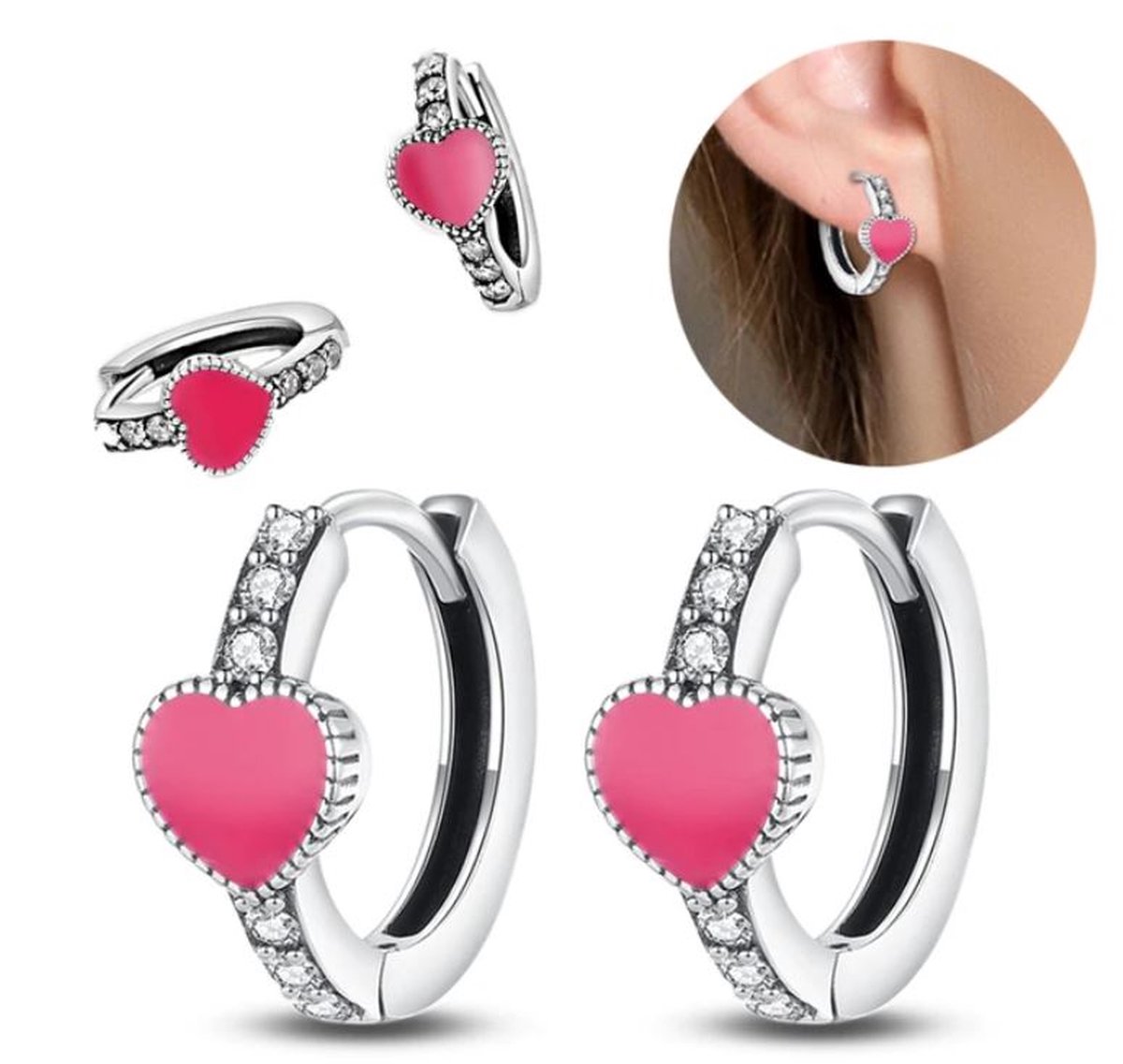 Oorbellen - Oorringetjes met hartje roze Sterling zilver925