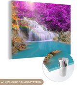 MuchoWow® Glasschilderij 160x120 cm - Schilderij acrylglas - Waterval - Bomen - Regenboog - Paars - Foto op glas - Schilderijen