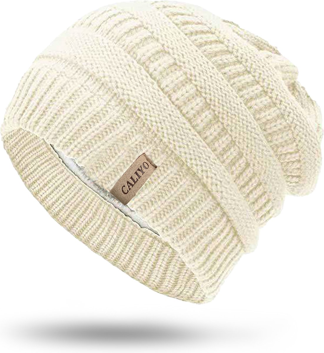 CALIYO Beanie Muts - Wintermuts - Beanie Heren & Dames - Warme Mutsen - Gebreide Skimutsen - Gevoerd Wol - Wit