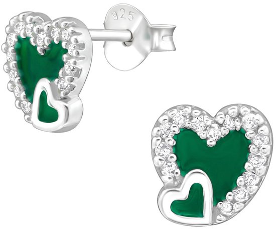 Joy|S - Zilveren hartje oorbellen - 8 mm - groene hartjes met zirkonia - dubbele hartjes oorknoppen