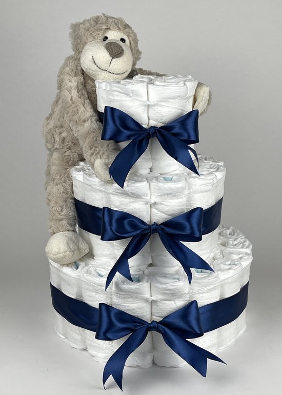 Chouette-Chouette | Luiertaart Jongen | Kraamcadeau | Geboorte Jongen | Babyshower | Aap Bruin - donker Blauw