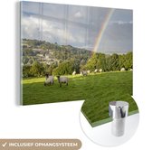 MuchoWow® Glasschilderij 90x60 cm - Schilderij acrylglas - De schapen op een weiland naast een regenboog - Foto op glas - Schilderijen