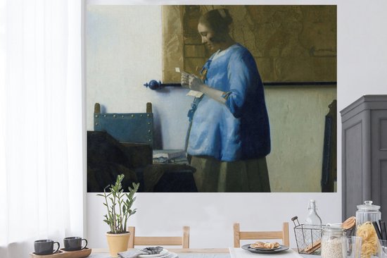 Muurstickers - Sticker Folie - Brieflezende vrouw in het blauw - Schilderij van Johannes Vermeer - 160x120 cm - Plakfolie - Muurstickers Kinderkamer - Zelfklevend Behang XXL - Zelfklevend behangpapier - Stickerfolie