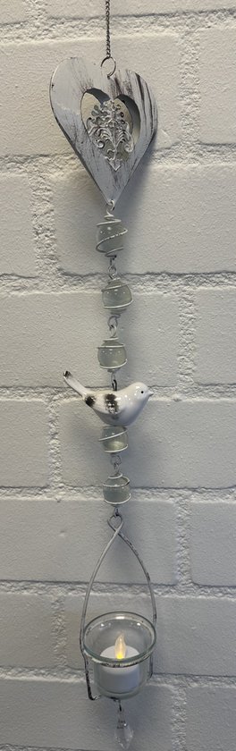 Photophore Deco "Coeur" avec chaîne en métal - Oiseau en céramique - Lavis White + oiseau blanc/gris - longueur 85 cm - hors photophore - Décoration maison - Photophore - Accessoires de maison
