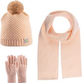 Kitti 3-Delig Winter Set | Muts (Beanie) met Fleecevoering - Sjaal - Handschoenen | 9-15 Jaar Meisjes | K23180-02-05 | Peach