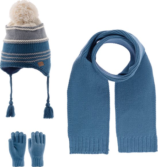 Kitti 3-Delig Winter Set | Muts (Beanie) met Fleecevoering - Sjaal - Handschoenen | 4-8 Jaar Jongens | K23170-13-03 | Blue