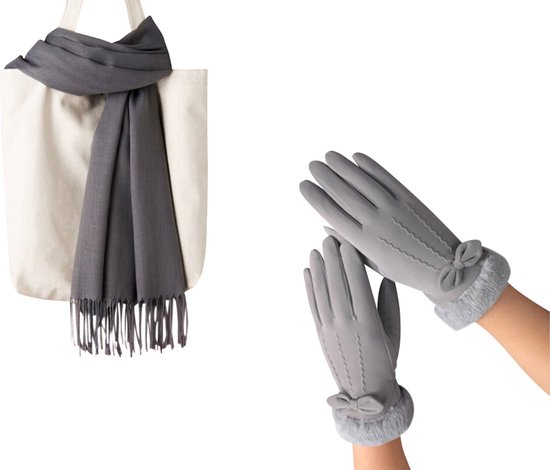Winterset Grijs - Grijze Sjaal 200*70cm + Grijze handschoen maat M
