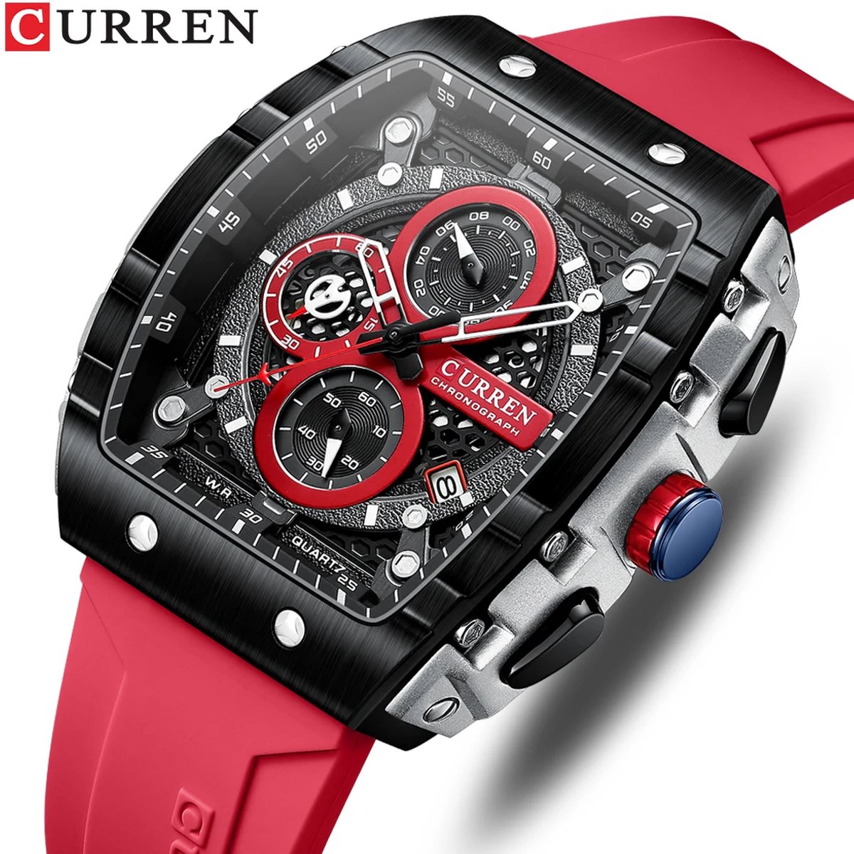 Curren - Luxe Herenhorloge - Mannen - Luxe Gel Riem - Rood en Zwart - Luxe Doos -