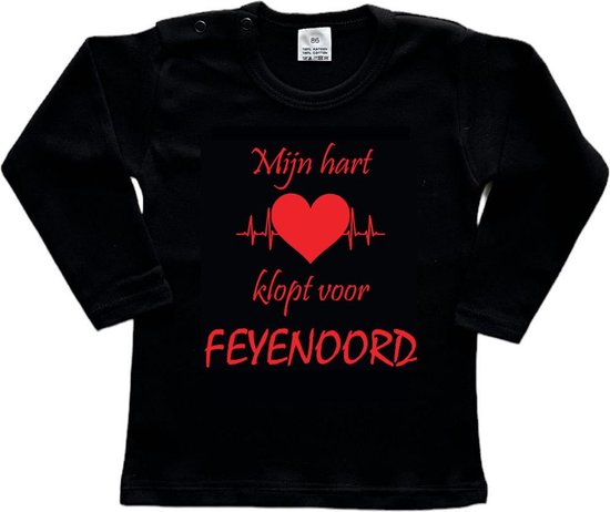 Rotterdam Kinder t-shirt Lange Mouw | Feyenoord "Mijn hart klopt voor FEYENOORD" | Verjaardagkado | verjaardag kado | grappig | jarig | Rotterdam | Feyenoord | cadeau | Cadeau | Zwart/rood | Maat 68