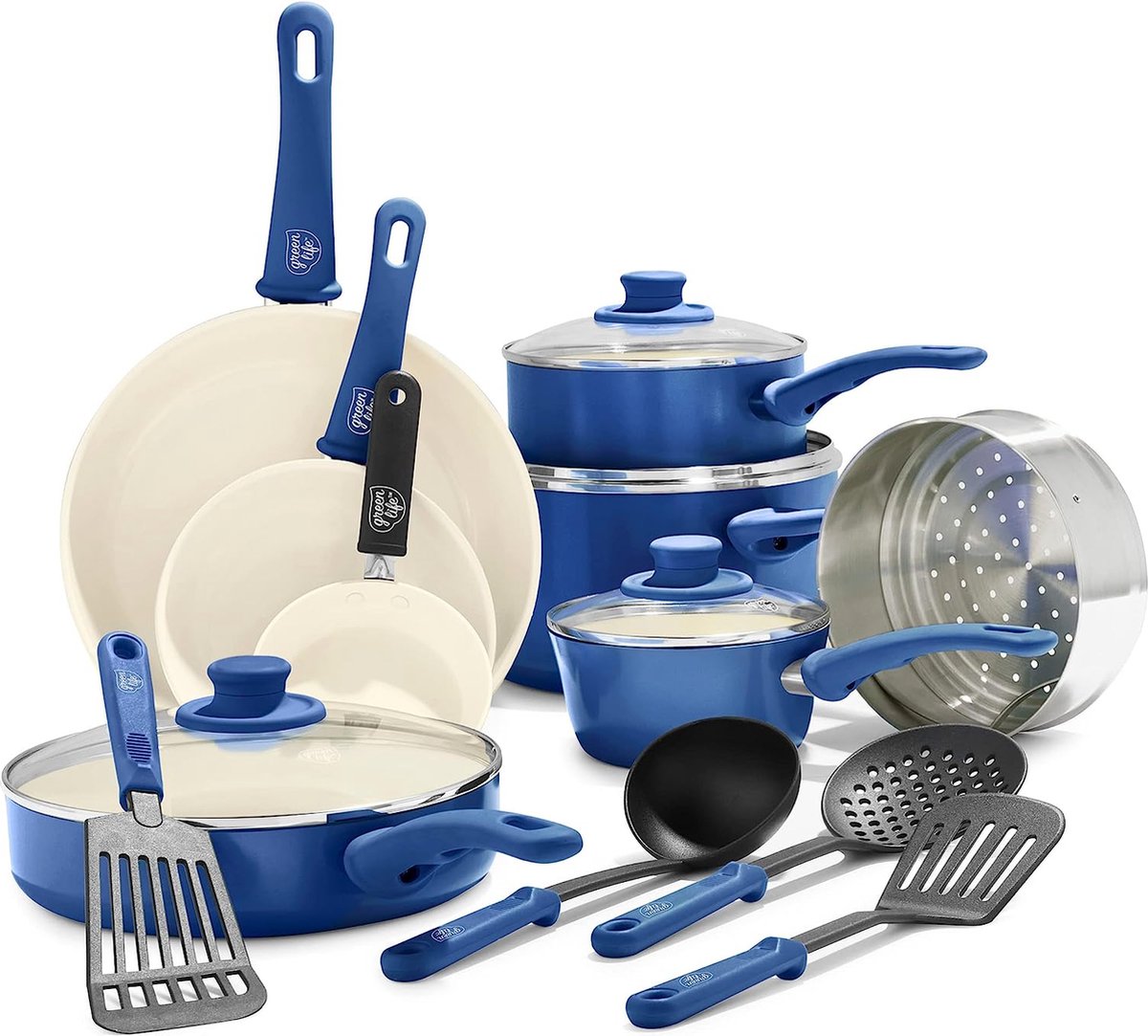Soft Grip gezonde keramische antiaanbaklaag 16-delige pannenset met braadpan, steelpan en kookpan, PFAS-vrij, vaatwasmachinebestendig, Ovenbestendig, Blauw