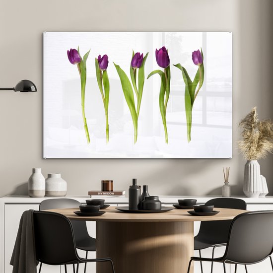 MuchoWow® Peinture sur verre 120x80 cm - Peinture sur verre acrylique - Cinq tulipes d'affilée - Photo sur verre - Peintures