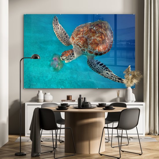 Peinture sur verre - Tortue verte avec méduse - 180x120 cm - Peintures Plexiglas