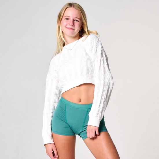 Moodies menstruatie ondergoed (meiden) - Bamboe Boyshort - super kruisje - groen - maat 164/170 (S) - period underwear