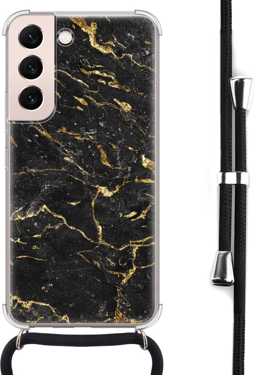 Hoesje met koord - Geschikt voor Samsung Galaxy S22 - Marmer zwart goud - Verstelbaar zwart koord - Crossbody - Marmer - Zwart, Transparant, Goud - Leuke Telefoonhoesjes