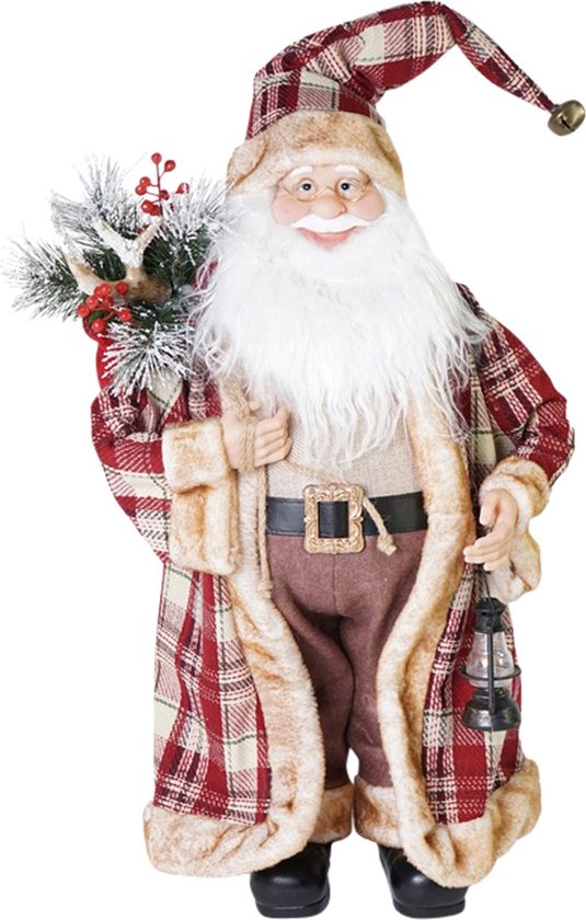 Décoratif | Père Noël debout avec manteau à carreaux, bordeaux, polyester, 65cm | A239027