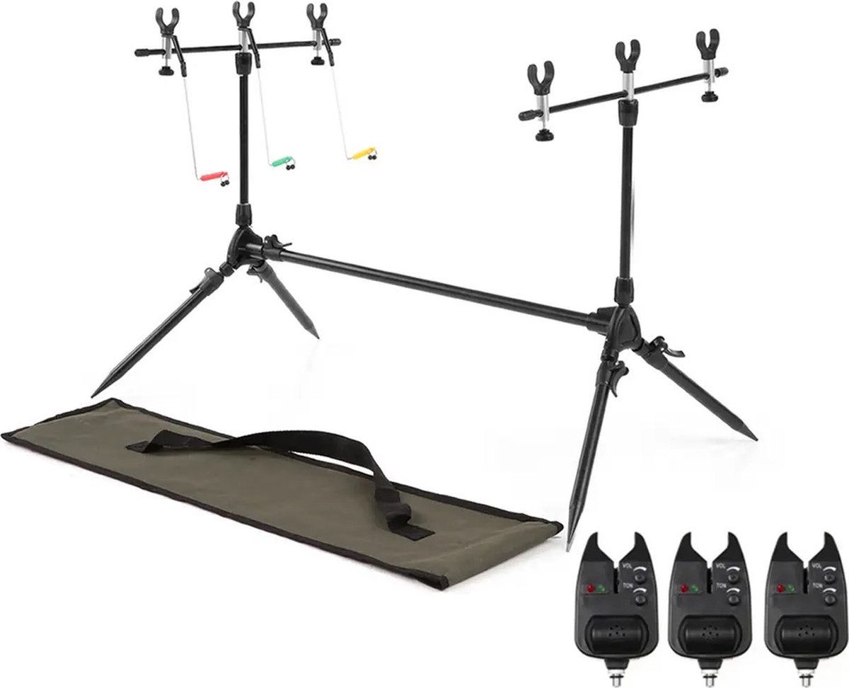 Rodpod - Rodpod set - Verstelbaar - Inclusief beetmelders, hangers, steuntjes - Swingers - Hengel steun - Karper vissen - Hengelsport - Zwart - 