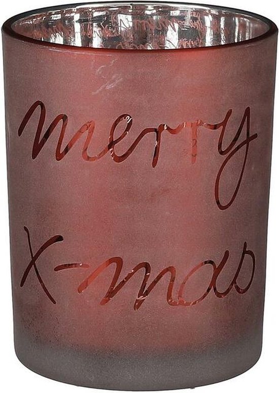 windlicht Merry X-mas - Kerstdecoratie - Kerstsfeer - Rode waxinelichthouder - 12,5x10 cm