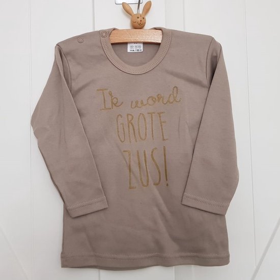 Shirt Ik word grote zus | lange mouw | beige met goud | maat 98 | big sis sister zwangerschap aankondiging bekendmaking big sis sister