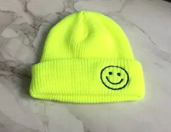 Kinder Muts / Beanie / Winteraccessoires - Smiley Fluor Geel - Tot 4 jaar - Schoencadeautje - eSpecialz