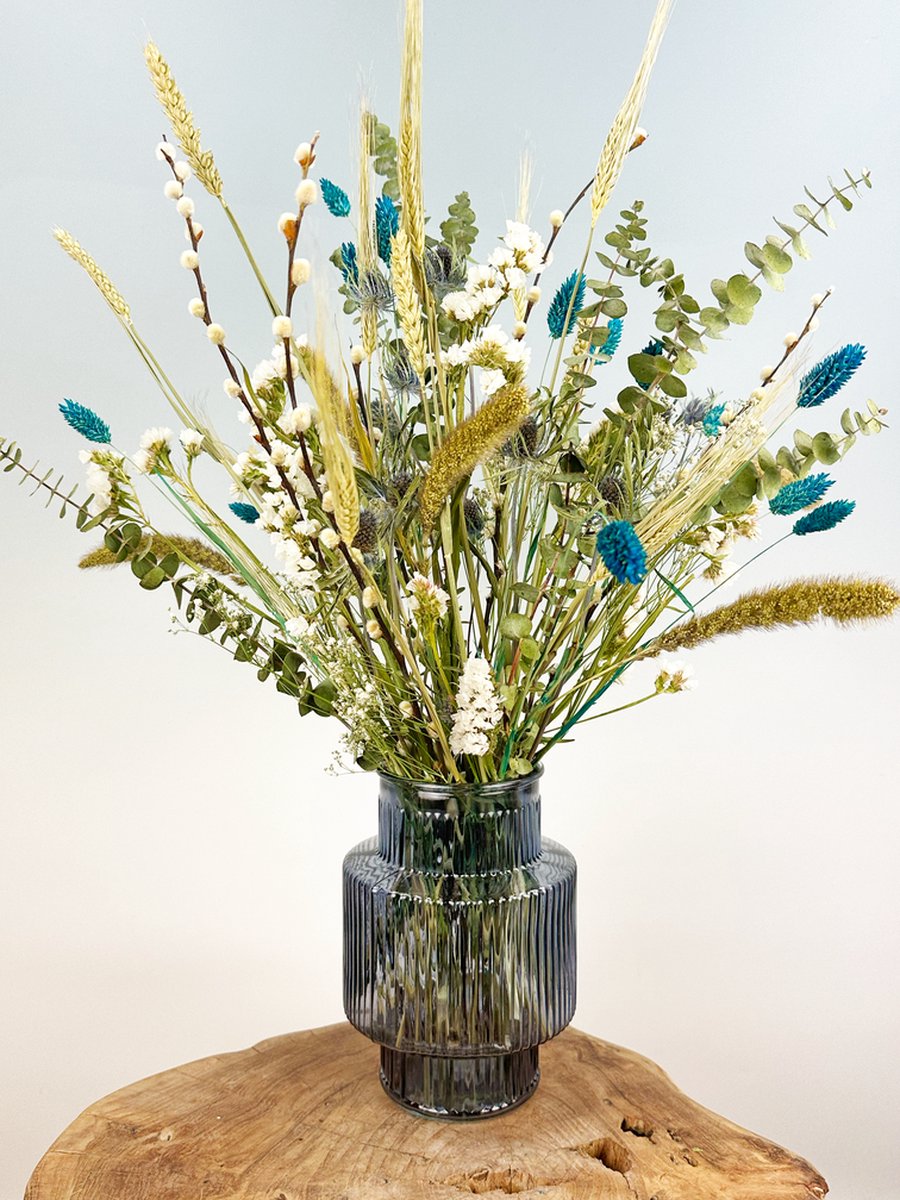 Droogbloemen boeket “Pure Hills” | 55 cm | Inclusief blauwe vaas | Stilistisch en Chique (een prachtig en onvergetelijk cadeau)
