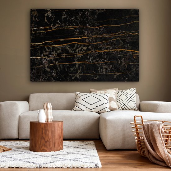 Canvas schilderij 150x100 cm - Wanddecoratie Marmer - Zwart - Goud - Ader - Muurdecoratie woonkamer - Slaapkamer decoratie - Kamer accessoires - Schilderijen op canvas