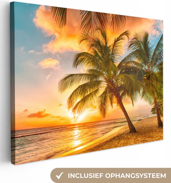 OneMillionCanvasses - Canvas - Schilderij - Palmboom - Strand - Zee - Zonsondergang - Schilderijen woonkamer - Canvas doek - 40x30 cm - Wanddecoratie