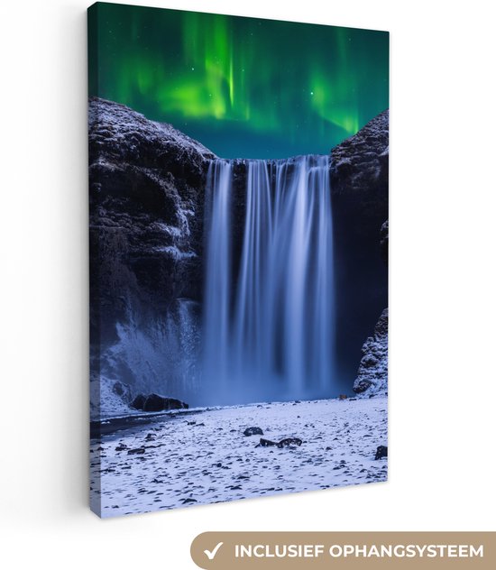 Canvas - Noorderlicht - Waterval - IJsland - Sneeuw - Schilderijen op canvas - Canvas doek - 80x120 cm - Muurdecoratie