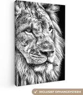 Canvas Schilderij Leeuw - Schilderij Canvas - Leeuw - Dieren - Zwart - Hout lijst - 80x120 cm - Wanddecoratie