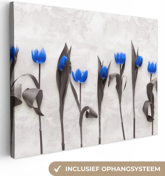 Canvas schilderij 160x120 cm - Wanddecoratie Bloemen - Tulpen - Blauw - Muurdecoratie woonkamer - Slaapkamer decoratie - Kamer accessoires - Schilderijen