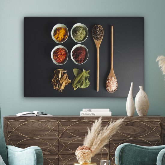 Peinture sur toile Louche - Épices - Herbes - Vert - Marron - Rustique - 140x90 cm - Décoration murale