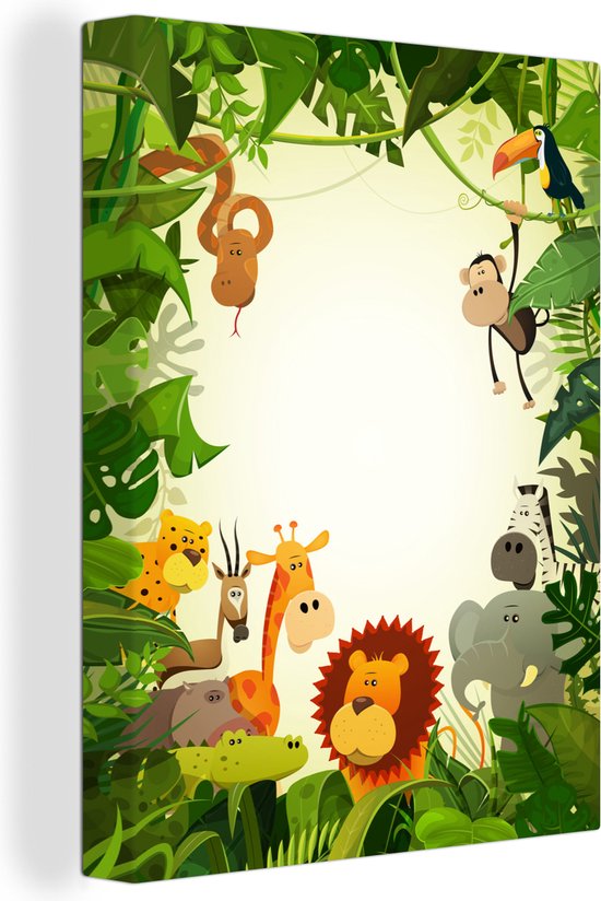 Canvas Schilderij Jungle - Slang - Leeuw - Planten - Jongens - Meisjes - Baby - Kids - 30x40 cm - Wanddecoratie