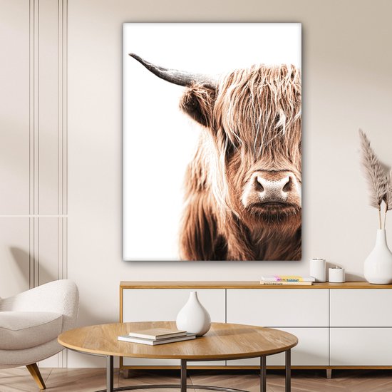 Canvas Schilderij Schotse hooglander - Koe - Wit - 90x120 cm - Wanddecoratie